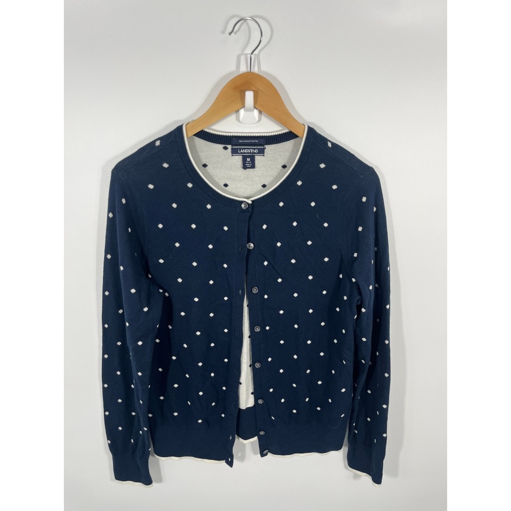 Lands End 100% Supima Cotton Womens Cardigan M Blue Polka Dot Quiet Luxury Chic